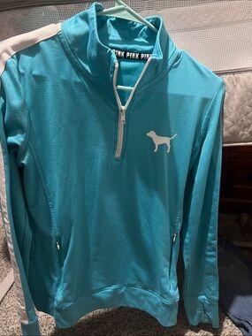 PINK Victoria's Secret Turquoise Quarter-Zip Pullover with White Dog Logo